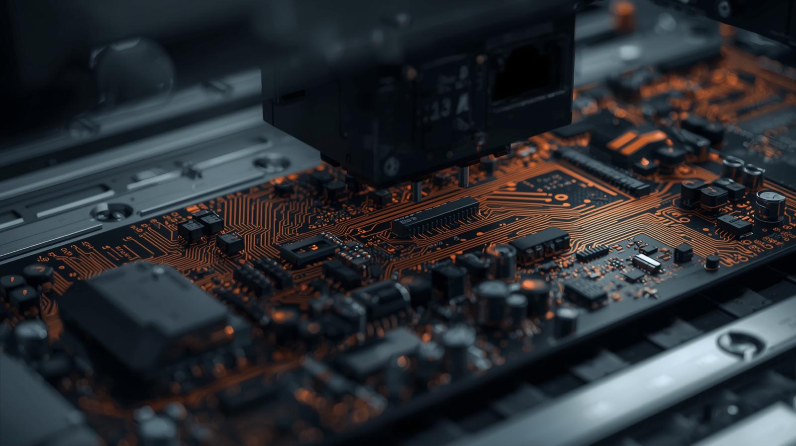 Close-up electronics manufacturing and PCB assembly equipment