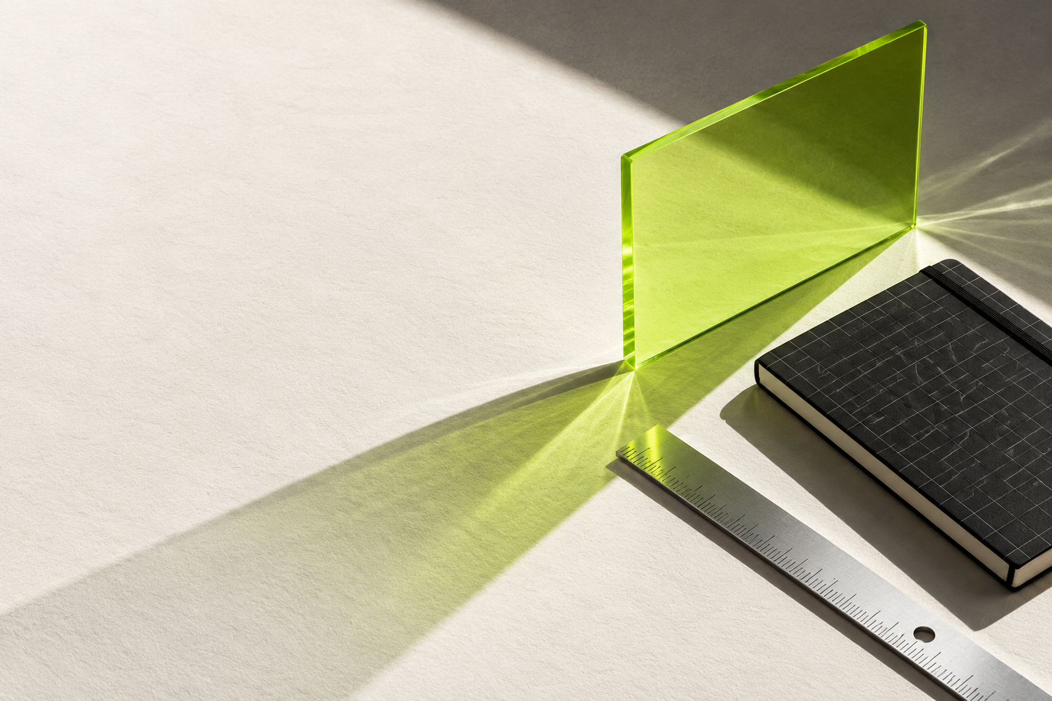 A lime acrylic sheet, notebook and ruler in sunlight