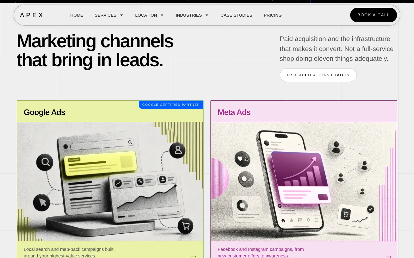 "Marketing channels that bring in leads." above two cards: Google Ads on a lime card and Meta Ads on a pink card, each with a monochrome 3D illustration.