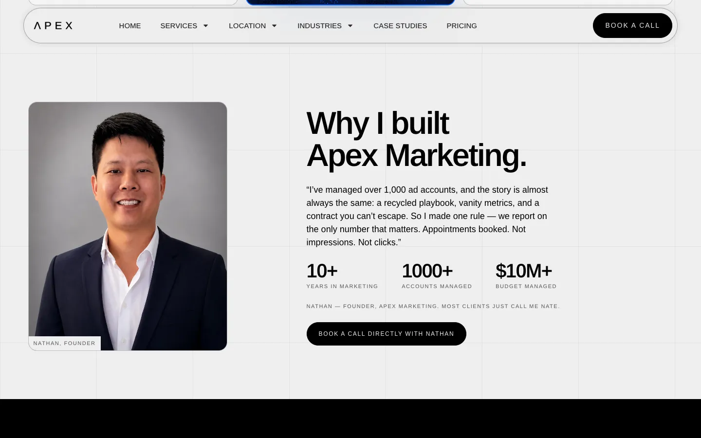 "Why I built Apex Marketing." with a portrait of the founder, a short quote about managing over 1,000 ad accounts, and three stats: 10+ years, 1000+ accounts, $10M+ budget managed.