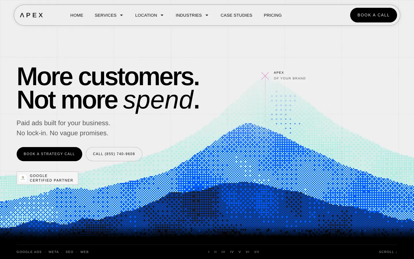 The Apex homepage hero: "More customers. Not more spend." in large black type with "spend" in italics, the line "Paid ads built for your business. No lock-in. No vague promises.", Book a strategy call and phone buttons, a Google Certified Partner badge and a blue and teal halftone mountain.