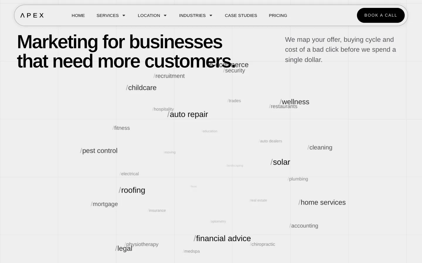 "Marketing for businesses that need more customers." with a scattered field of industry names such as dentistry, roofing, solar, legal, accounting and auto repair.