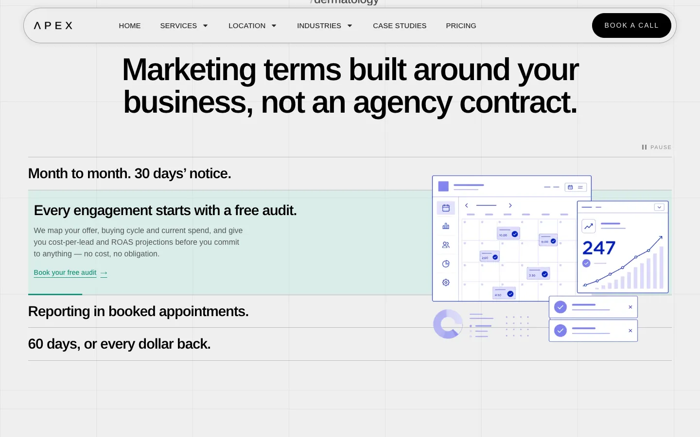 The "Marketing terms built around your business, not an agency contract." section: four statements (month to month, a free audit, reporting in booked appointments, 60 days or every dollar back) beside a line illustration of a calendar, documents and a report.