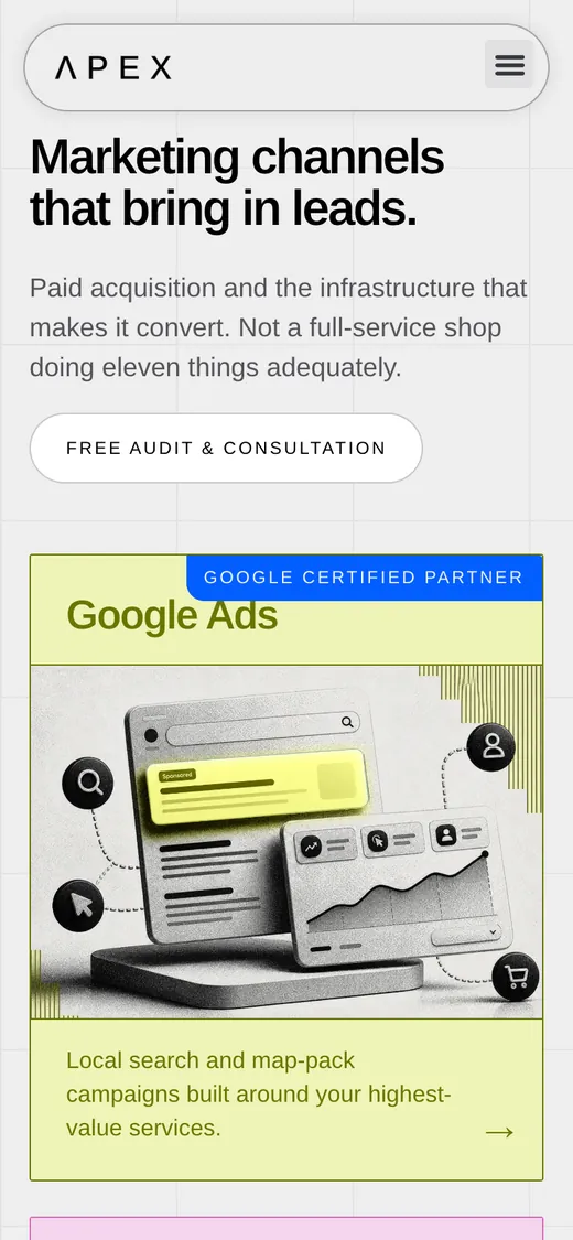 Mobile: "Marketing channels that bring in leads." and the Google Ads card.