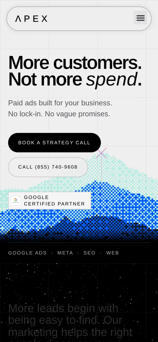 Mobile hero: the headline, Book a strategy call and Call buttons and the halftone mountain.