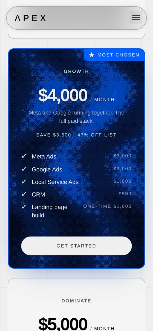 Mobile: the Growth plan at $4,000 a month on a dark blue card with its line items.