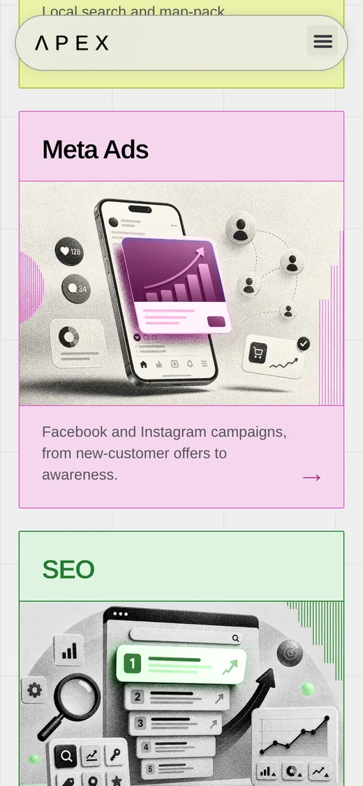Mobile: the Meta Ads card and the start of the SEO card.