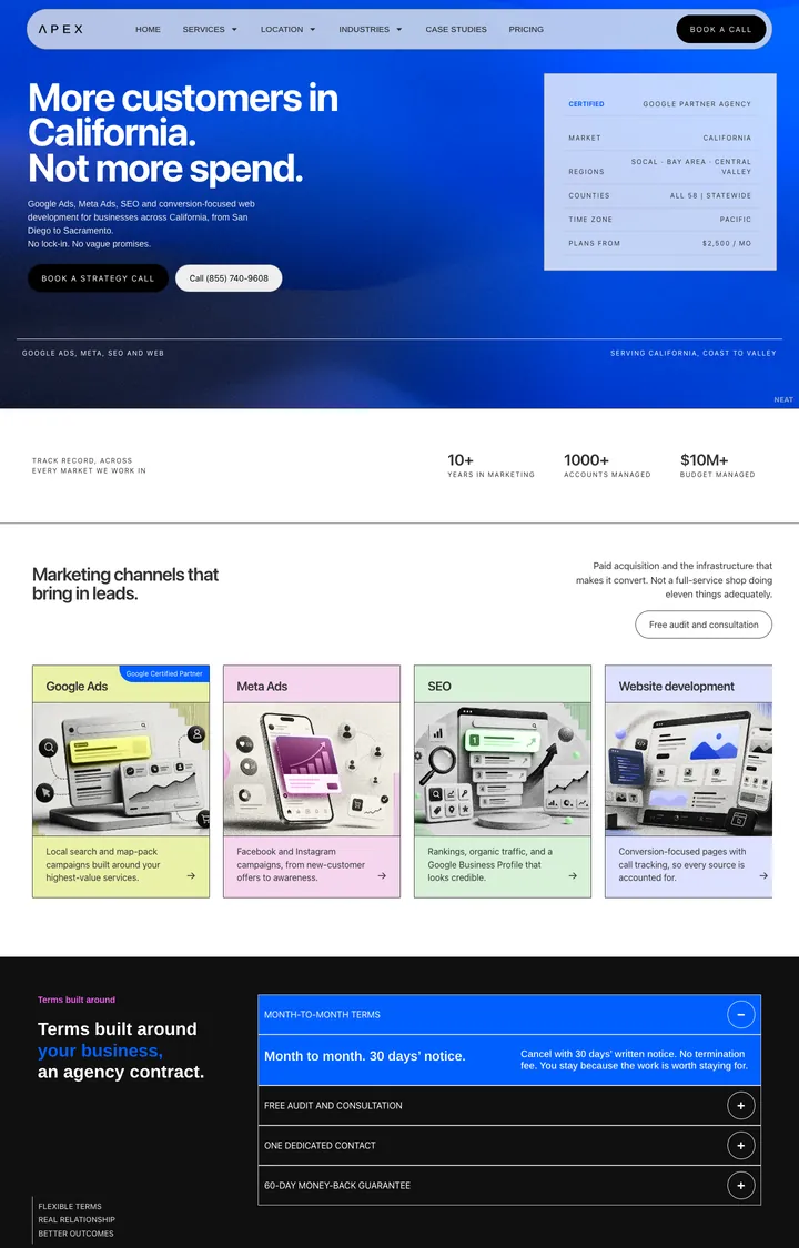 The California location page: "More customers in California. Not more spend." on a blue gradient, a stats strip and the four channel cards.