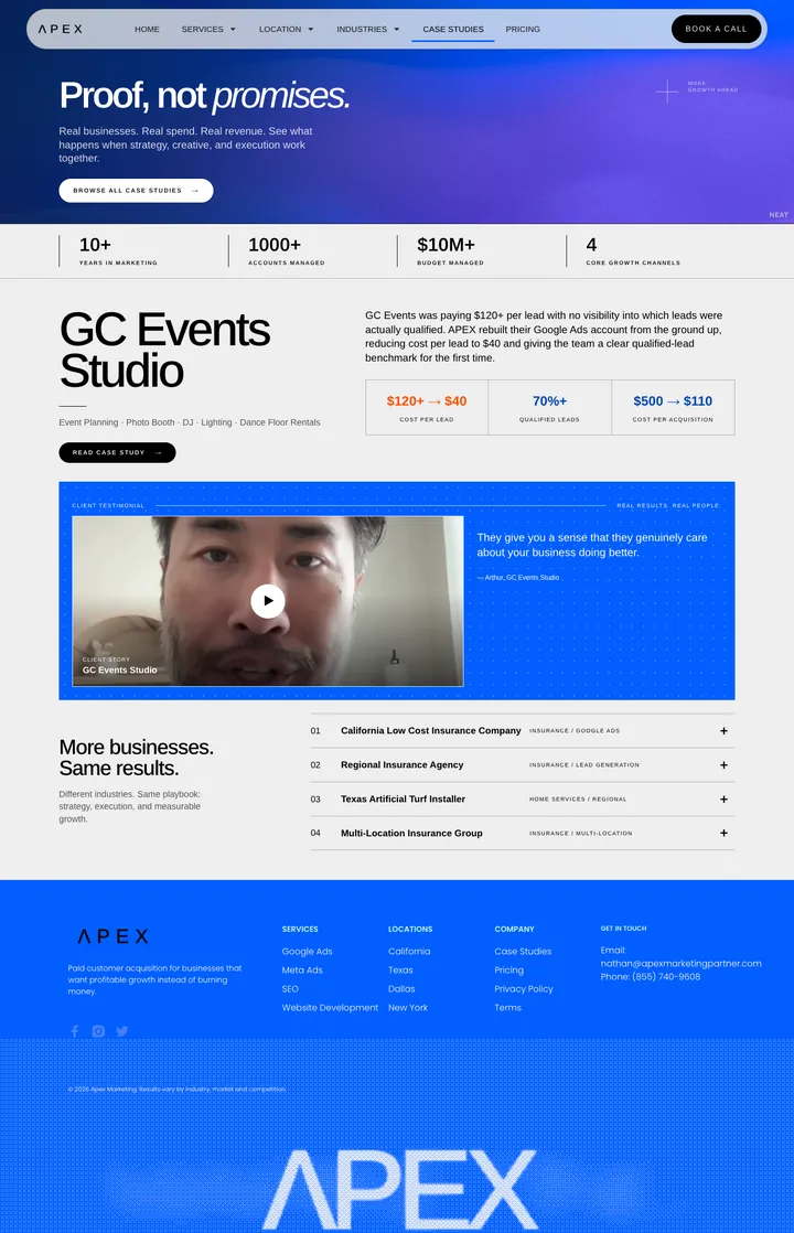 The case studies page: "Proof, not promises." with stats, a GC Events Studio case study and a list of more client results.