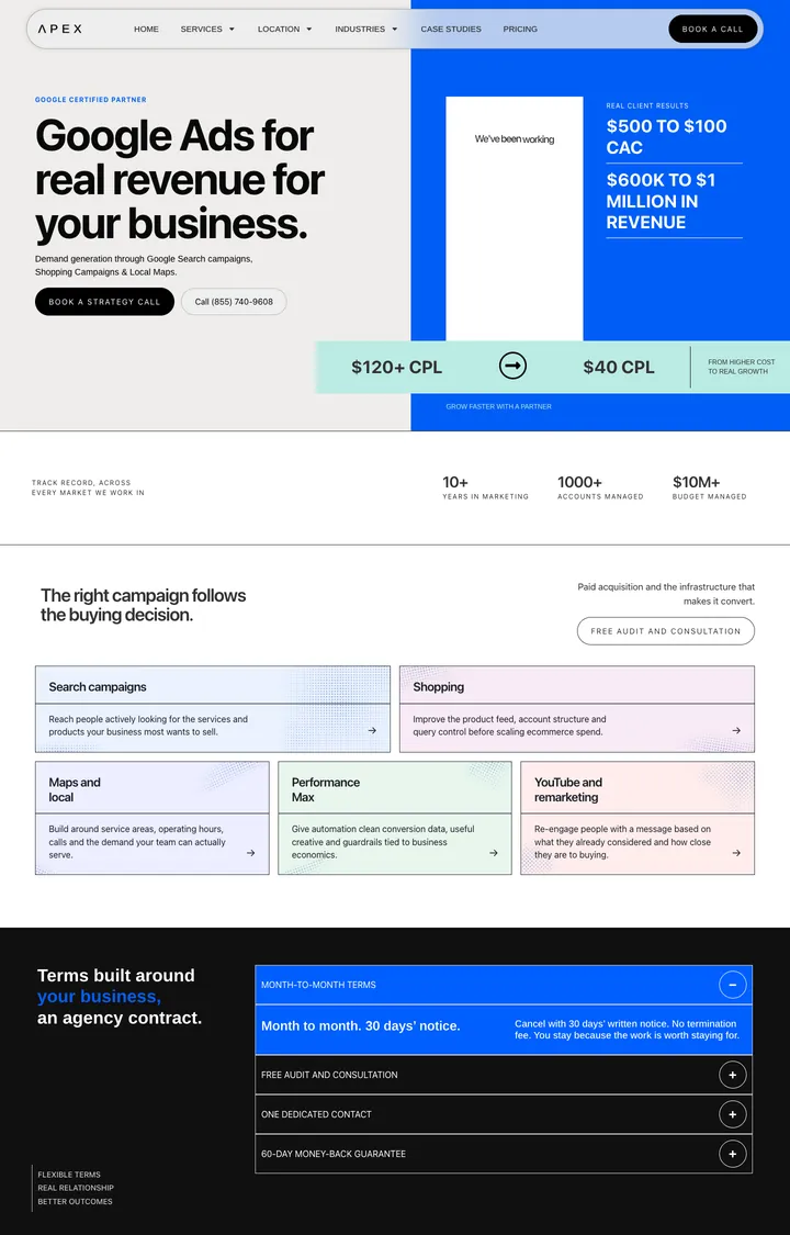 The Google Ads service page: "Google Ads for real revenue for your business." beside a client video, $120+ to $40 cost per lead, a stats strip and a grid of campaign types.