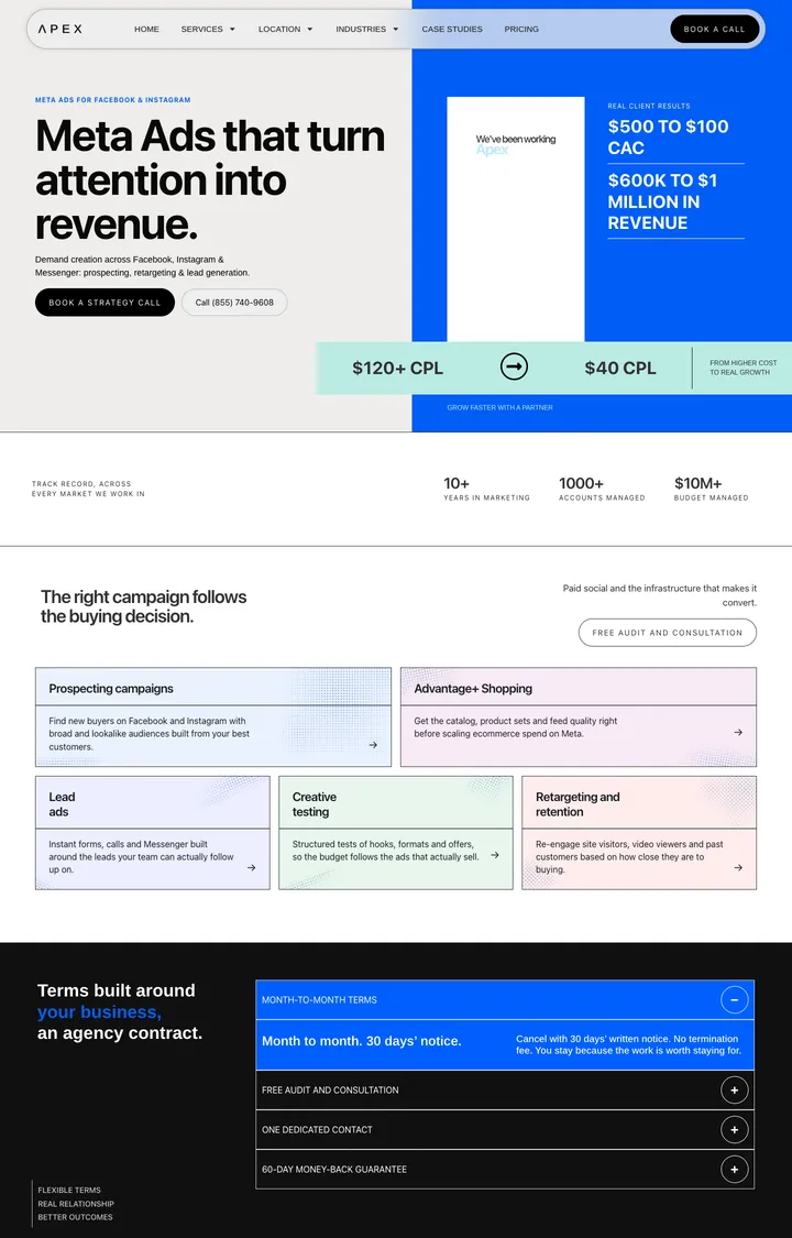 The Meta Ads service page: "Meta Ads that turn attention into revenue." with a client video, a cost-per-lead chip, a stats strip and campaign types.