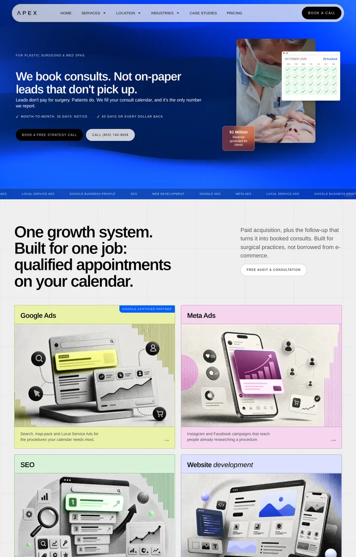 The plastic surgery industry page: "We book consults. Not on-paper leads that don't pick up." on blue, then "One growth system. Built for one job" and the channel cards.
