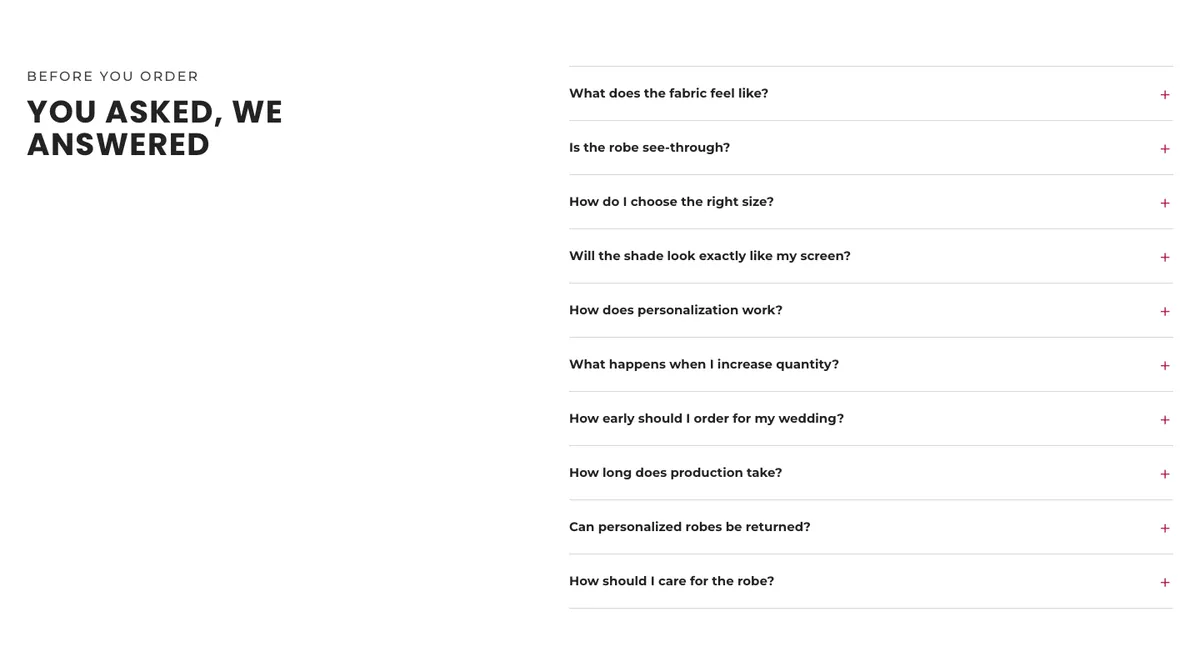 The "You asked, we answered" FAQ with ten questions, from fabric feel and sizing to production time and care.