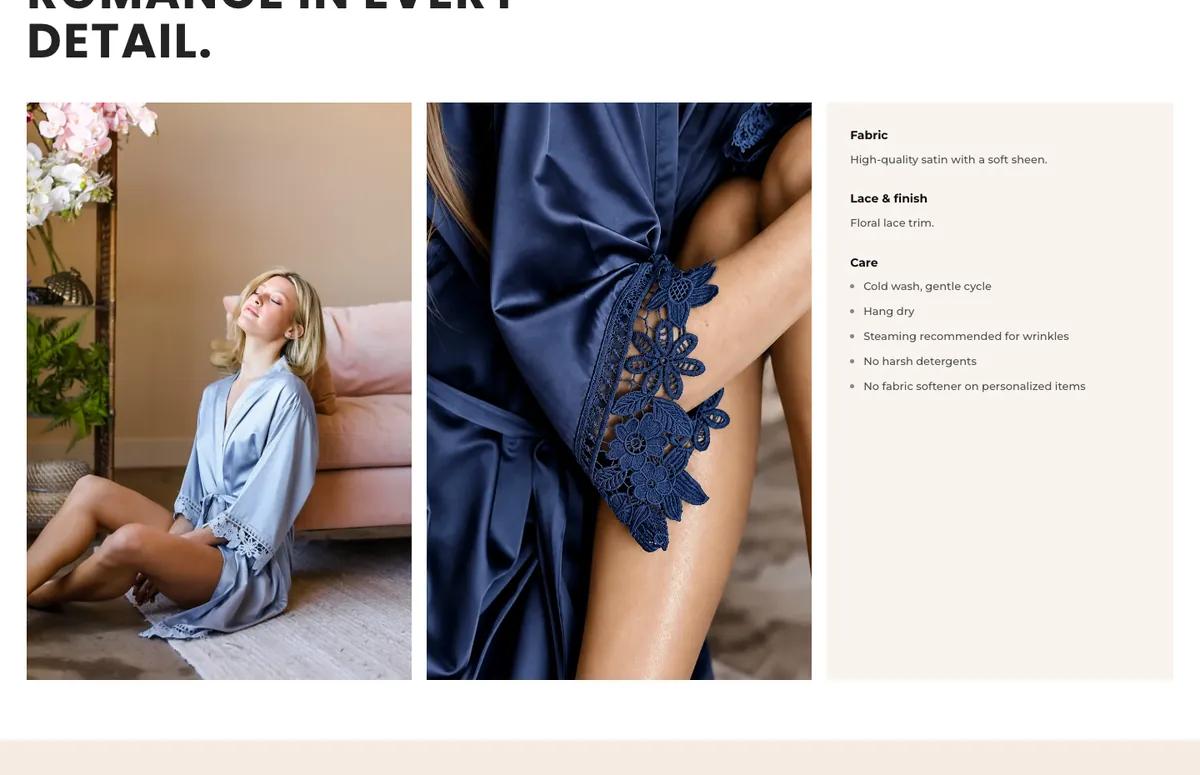 The "Romance in every detail" section: close-up photos of a blue satin robe and its lace, next to notes on fabric, lace and care.