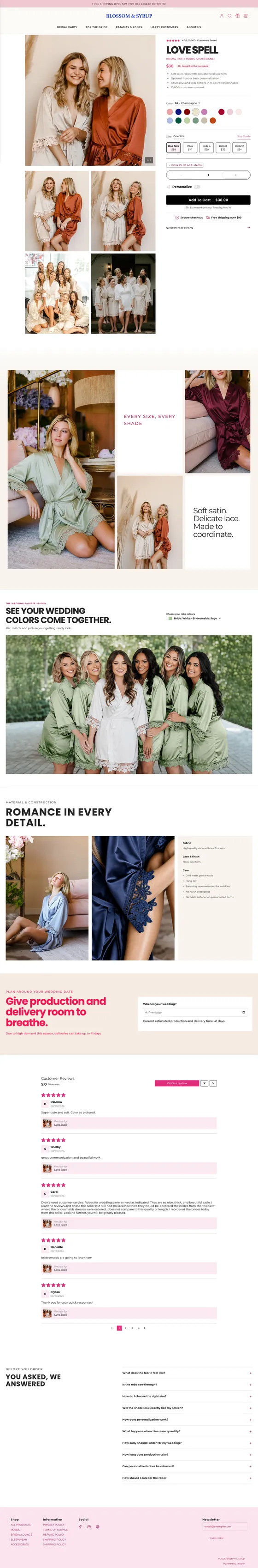 The new desktop product page, full length: purchase area, photo grid, an editorial "Every size, every shade" block, the Wedding Palette Studio, materials, the wedding-date planner, reviews, FAQ and footer.