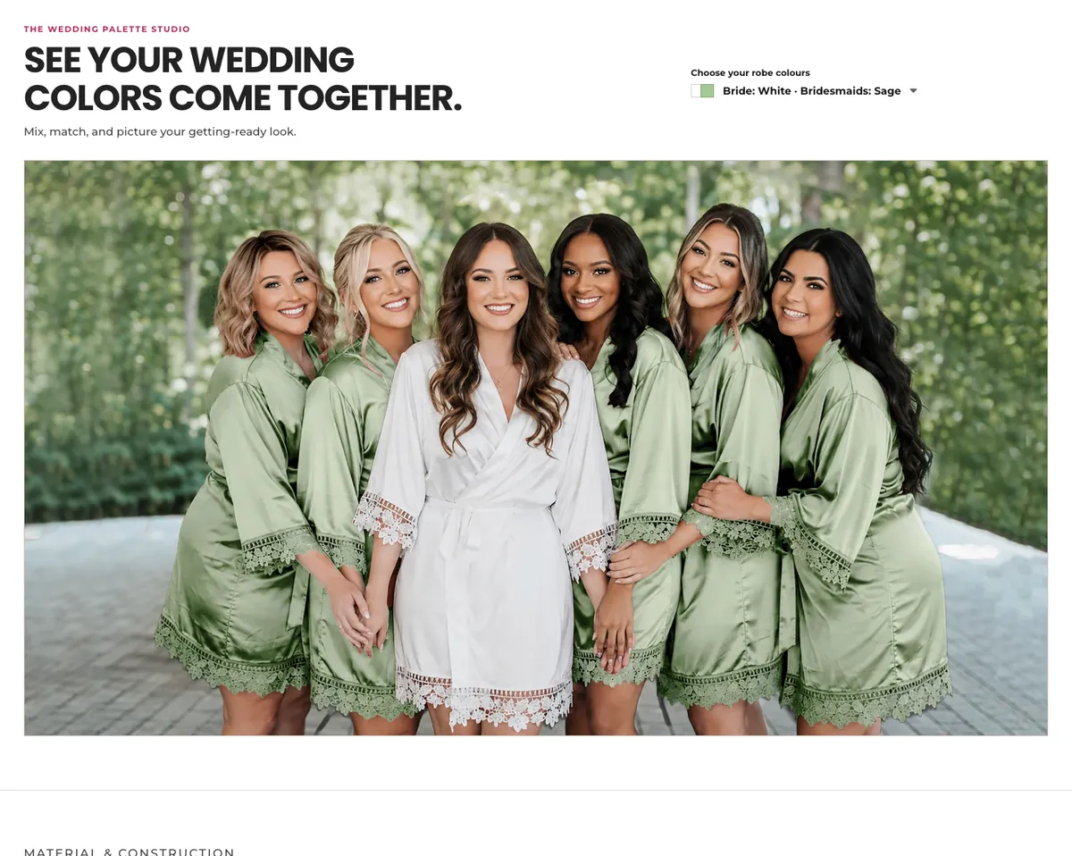 The Wedding Palette Studio section: the heading "See your wedding colors come together", a dropdown set to "Bride: White, Bridesmaids: Sage" and a photo of a bride in white with six bridesmaids in sage robes.