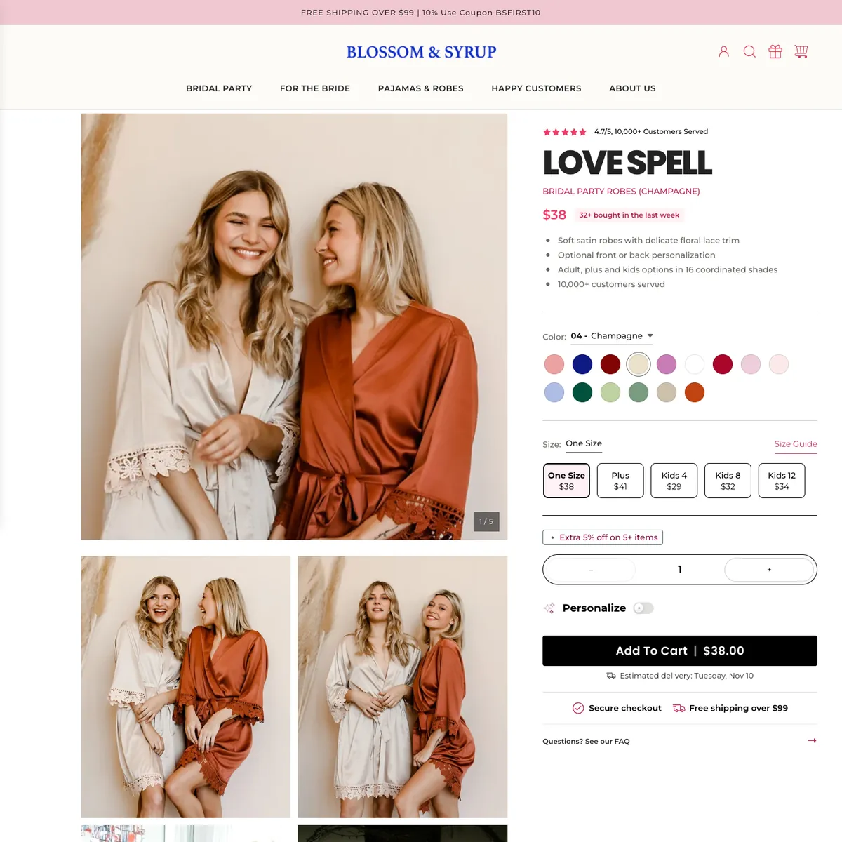 The new product page on desktop: a large photo and a four-photo grid on the left; on the right the rating, LOVE SPELL, price, bullets, sixteen swatches, sizes with prices, quantity, personalise toggle, Add To Cart and delivery estimate.