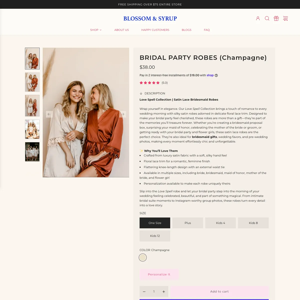 The old product page on desktop: thumbnails and one photo on the left; on the right the title, price, a long description and the size buttons, with Add to cart below the first screen.