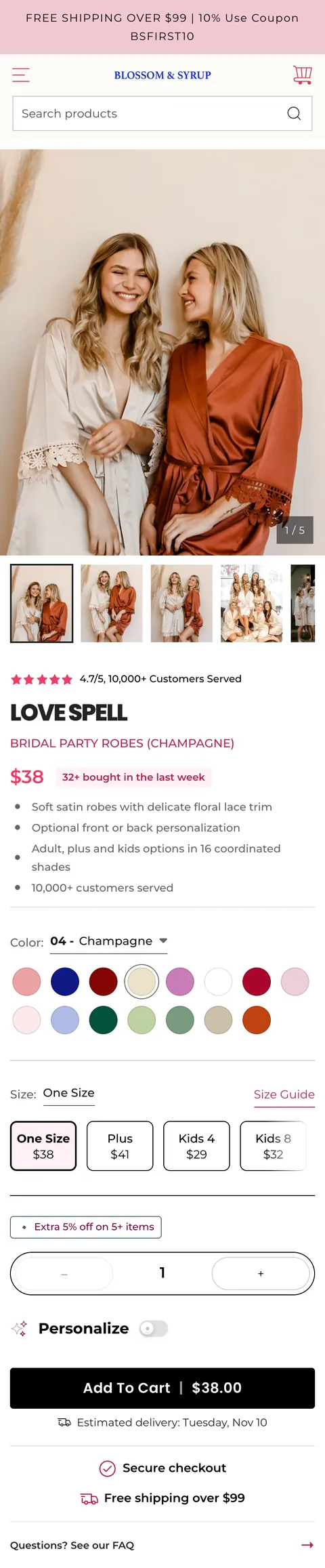The new Blossom & Syrup product page on a phone, from the top to the trust badges: photo gallery with thumbnails, a 4.7 out of 5 rating from 10,000+ customers, the name LOVE SPELL, the price with "32+ bought in the last week", four bullets, sixteen colour swatches, size buttons with prices, a bulk discount note, a black Add To Cart button with the price, an estimated delivery date, secure checkout and free shipping.