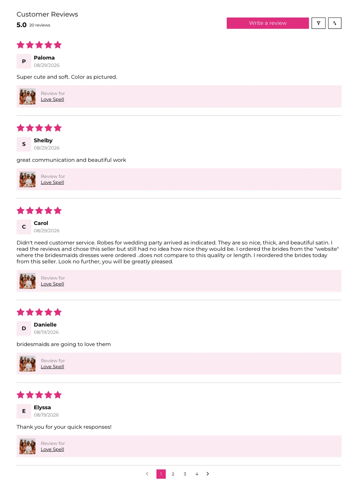 Customer reviews: a 5.0 rating, a Write a review button and five-star reviews from customers praising the satin and the service.