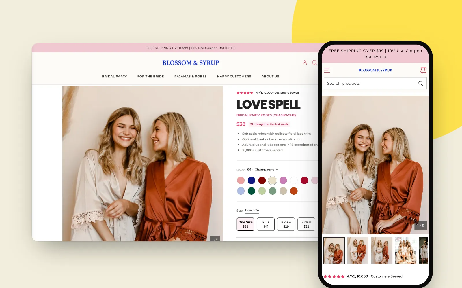 The redesigned Blossom & Syrup product page for the Love Spell bridal robes on desktop and on a phone: rating, product name, price, sixteen colour swatches, size buttons with prices and a black Add to cart button.