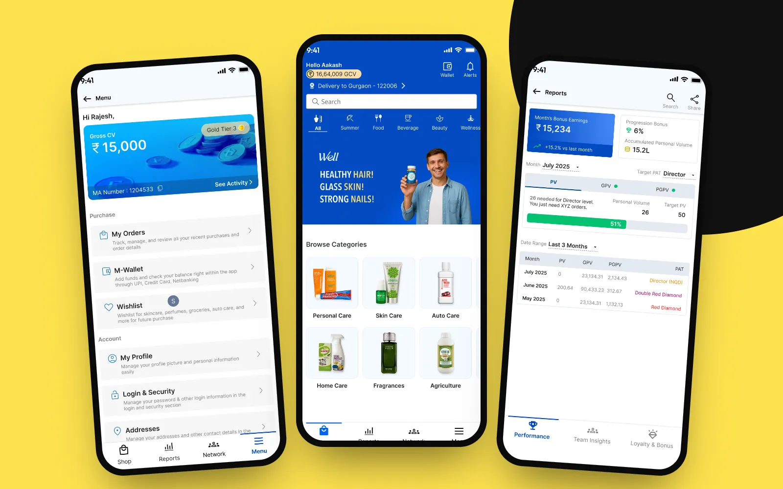 The redesigned Modicare app on two phones: a shopping home with a blue header showing the advisor's volume, a search bar and product categories, next to a reports screen with bonus earnings and a progress bar.