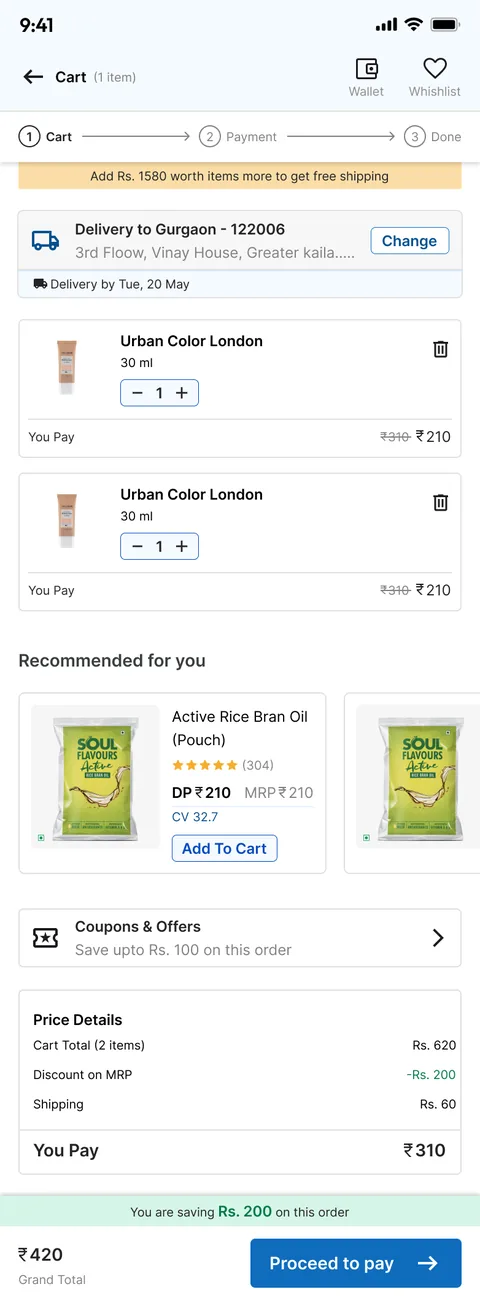 The new cart: a Cart, Payment, Done stepper, an "Add Rs. 1580 worth items more to get free shipping" bar, delivery address and date, line items with quantity steppers, recommendations and Coupons and offers.