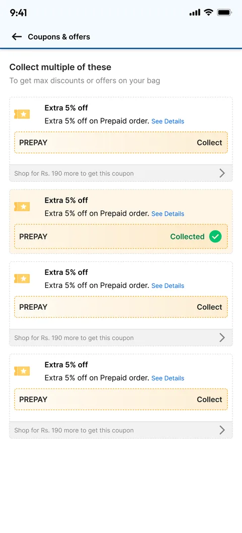 The new Coupons and offers screen: coupon cards with "Extra 5% off on Prepaid order", a Collect button, one marked Collected, and how much more to shop to unlock each.