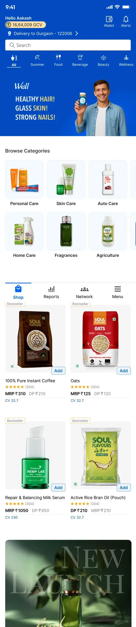 The new home: a blue header with "Hello Aakash", 16,64,009 GCV, wallet and alerts, a delivery location, search, category tabs, a "Healthy hair, glass skin, strong nails" banner, browse categories, bestsellers and a bottom bar with Shop, Reports, Network and Menu.