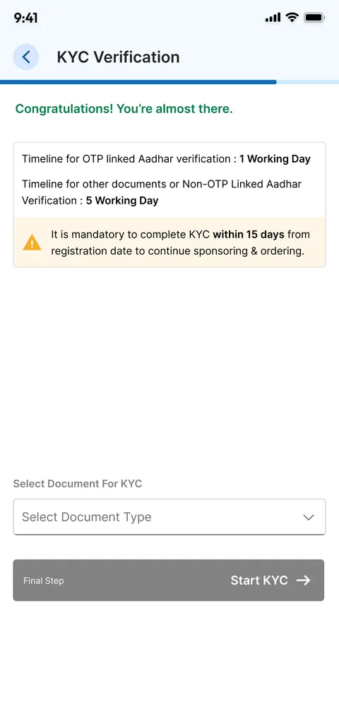 KYC verification: "Congratulations! You're almost there.", verification timelines, a 15-day deadline warning, a document type selector and Start KYC.