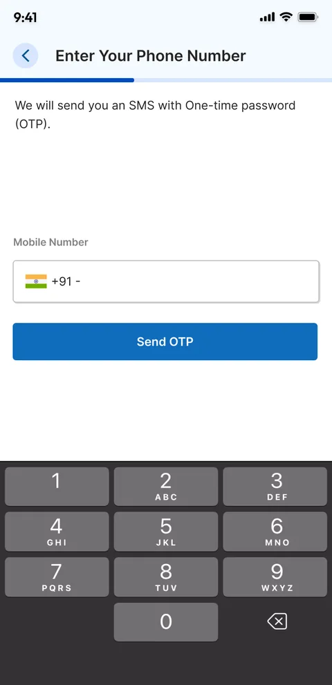 Phone login: enter your phone number to get a one-time password, with a number pad.