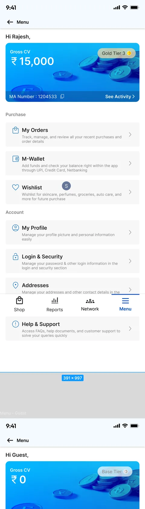 The new Menu: "Hi Rajesh", a gross CV card of 15,000 with Gold tier 3, and grouped rows for My orders, M-Wallet, Wishlist, My profile, Login and security and Addresses, each with a one-line description.