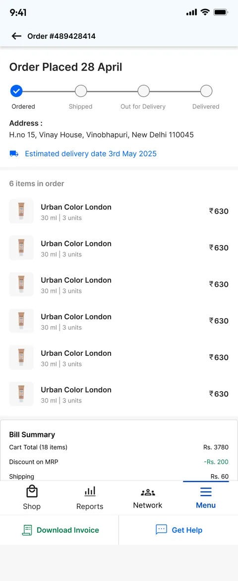 The new order screen: Order placed 28 April with an Ordered, Shipped, Out for delivery, Delivered tracker, the address, an estimated delivery date, the items and the bill summary.