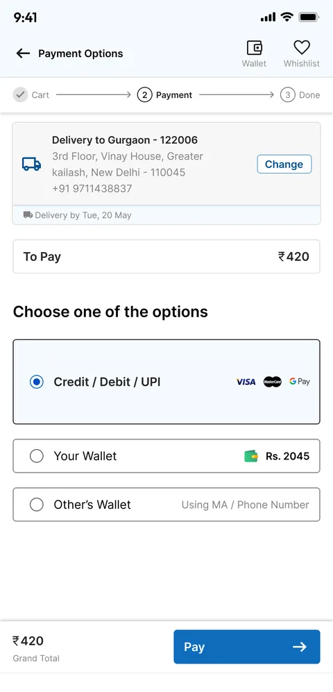 The new payment step: delivery address, amount to pay, and a choice of Credit, Debit or UPI, your wallet with its balance, or another advisor's wallet.