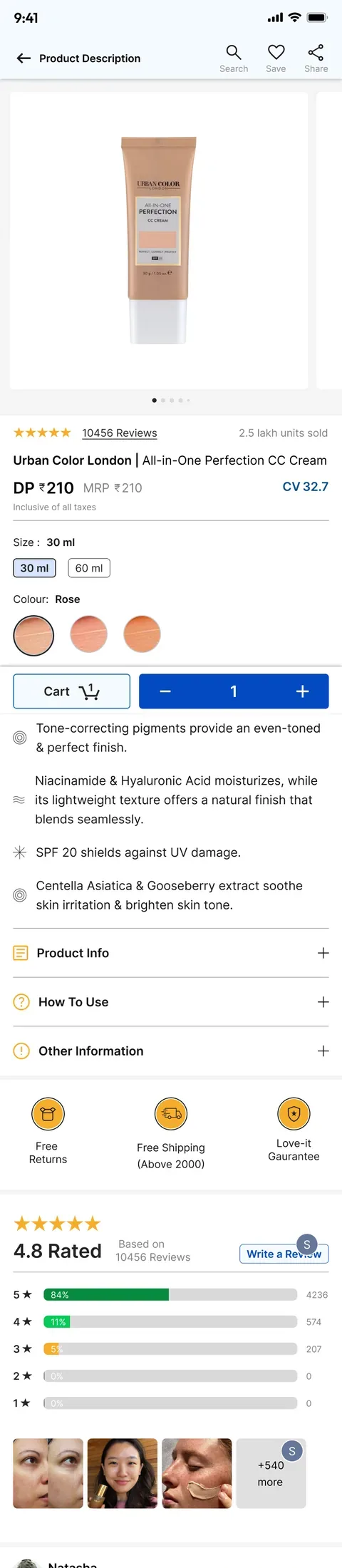 The new product page: a large image gallery, 10,456 reviews, title, member price, size and shade options, a cart button with a quantity stepper, product details and reviews.