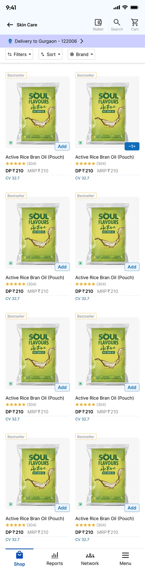 The new Skin Care listing: delivery location, Filters, Sort and Brand chips, and a two-column grid of product cards marked Bestseller with ratings, DP, MRP, CV and an Add button.
