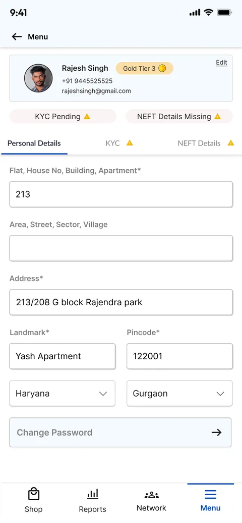 The new profile: photo, name, phone and email, a Gold tier badge, KYC pending and NEFT details missing warnings, and tabs for personal details, KYC and NEFT.