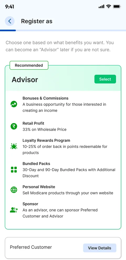 "Register as" with Advisor recommended and its benefits (bonuses, retail profit, loyalty rewards, bundled packs, a personal website, sponsoring), and Preferred Customer below.