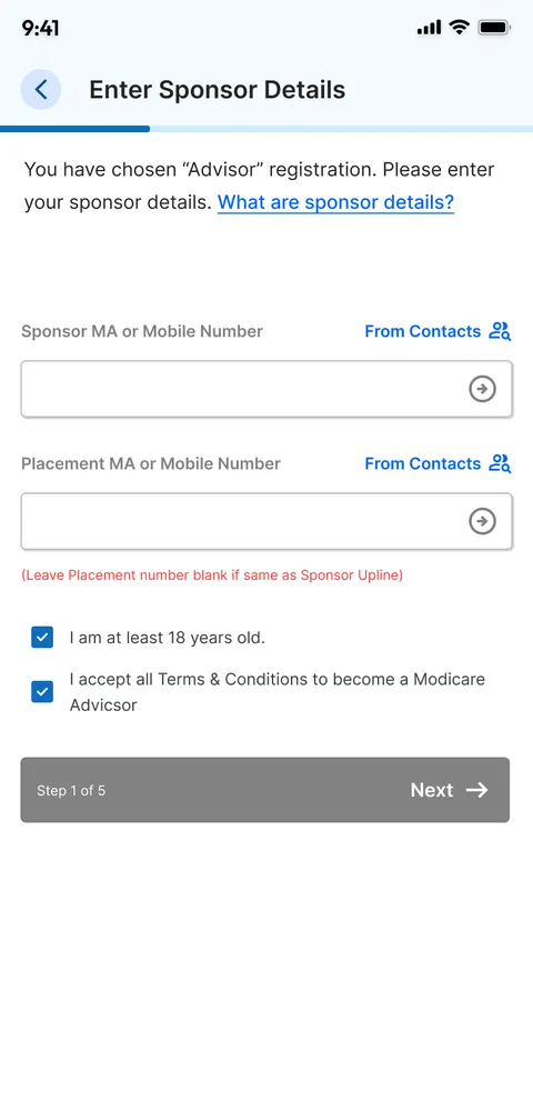 Registration step 1 of 5: sponsor and placement number fields with a pick-from-contacts option, age and terms checkboxes and a Next button.
