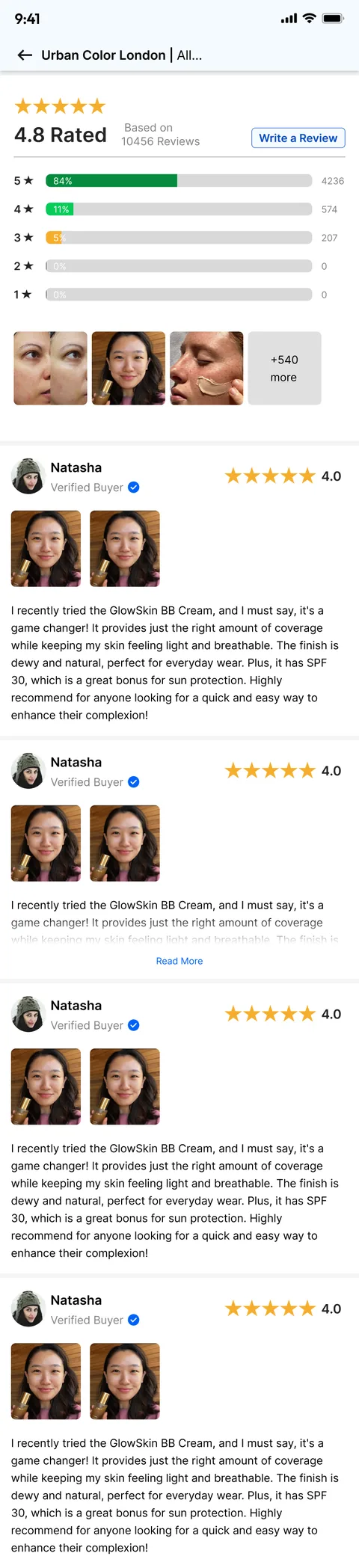 The see-all-reviews screen: a 4.8 rating with a breakdown by stars, photo reviews from customers and written reviews.