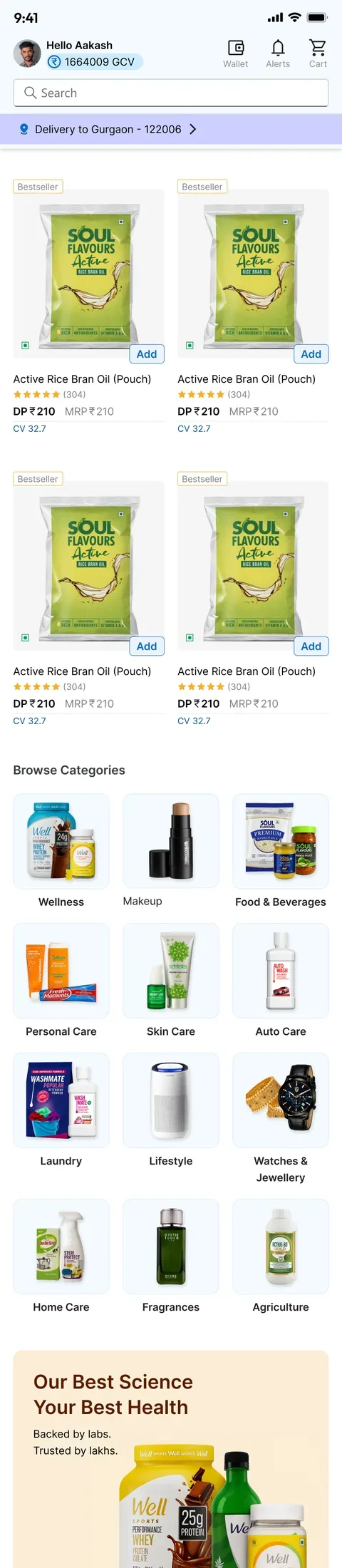 The new shop home: header with the advisor's volume, search, bestseller cards, browse categories with product photos, a "Our best science, your best health" banner, a Love-it Guarantee and a "Delivery Bharat ke har kone tak" banner.