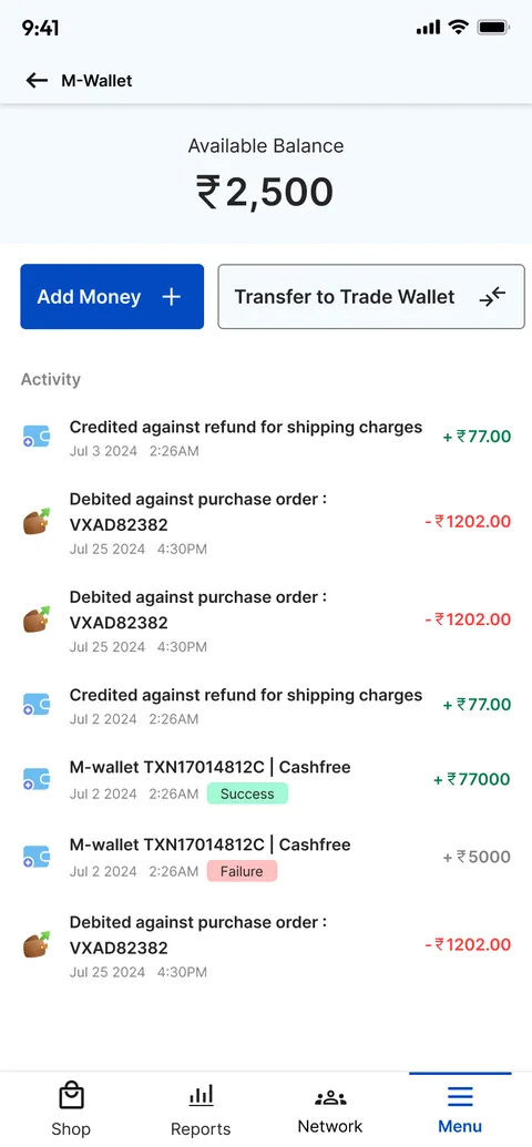 The new M-Wallet: available balance of 2,500, Add money and Transfer to trade wallet buttons, and an activity list of credits and debits with status tags.