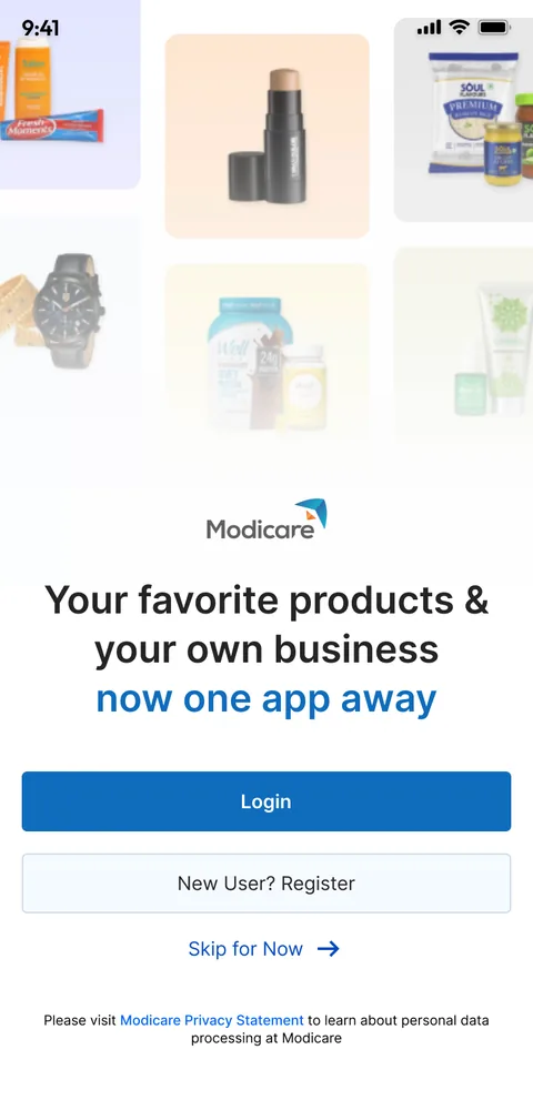 The welcome screen: product photos, "Your favorite products and your own business, now one app away", Login, New user? Register and Skip for now.