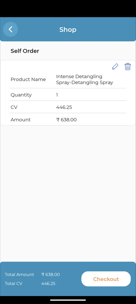 The old cart, titled Self Order: a table of product name, quantity, CV and amount, with total amount, total CV and a Checkout button.