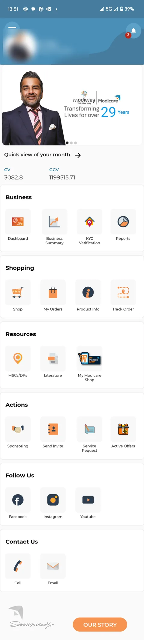 The old Modiway home: a blue header with the advisor's photo and title (blurred here), a banner, CV and GCV figures, and a grid of twenty icons grouped as Business, Shopping, Resources, Actions, Follow us and Contact us.
