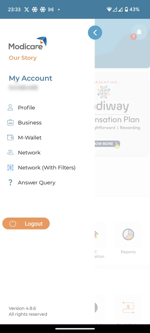 The old side drawer: the Modicare logo, My Account with the advisor ID (blurred here), and links to Profile, Business, M-Wallet, Network and Answer query, with Logout.