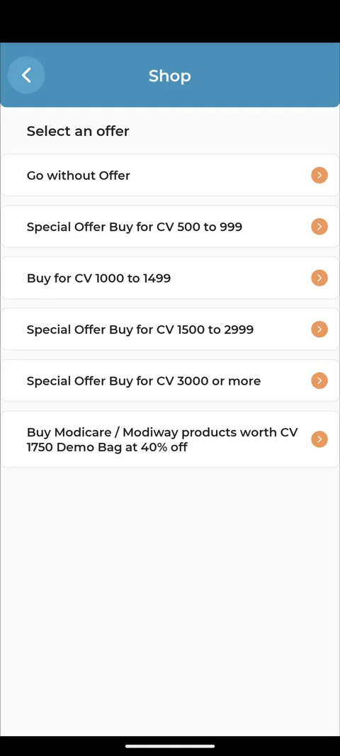 The old offer picker: a plain list of text rows such as "Special Offer Buy for CV 500 to 999".