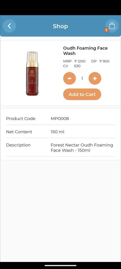 The old product page: a small product image, Add to Cart, and a table of product code, net content and description.