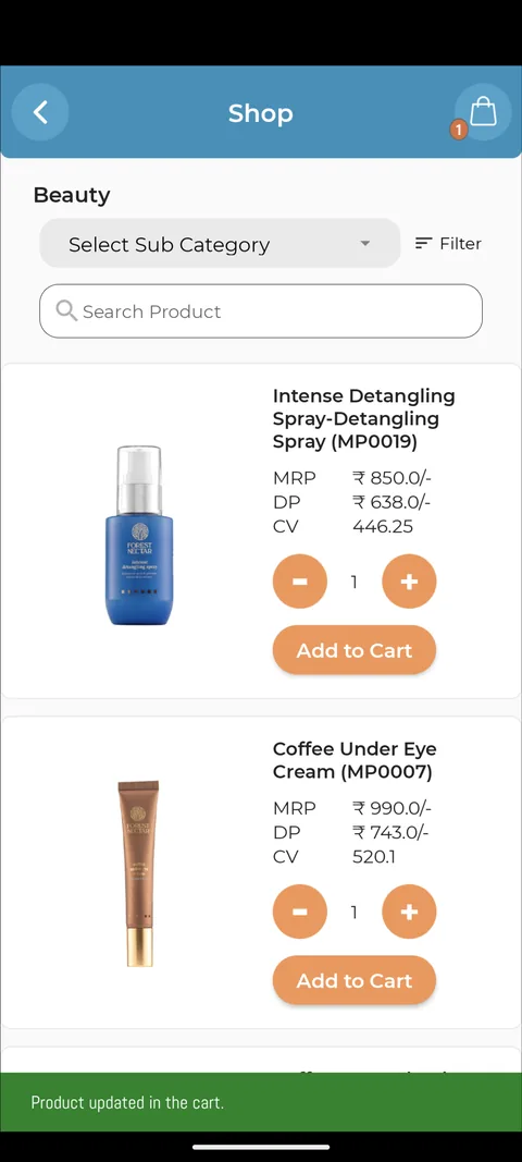 The old product list: a Beauty sub-category dropdown and filter, then product rows with a small image, MRP, DP and CV figures, a quantity stepper and an Add to Cart button.