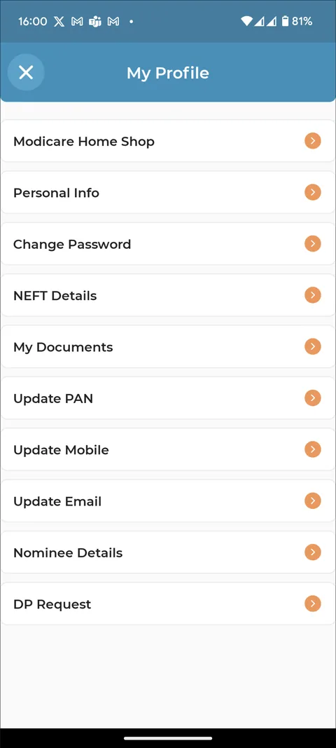 The old My Profile: a list of ten rows such as Personal info, Change password, NEFT details, Update PAN and DP request, each with an orange arrow.